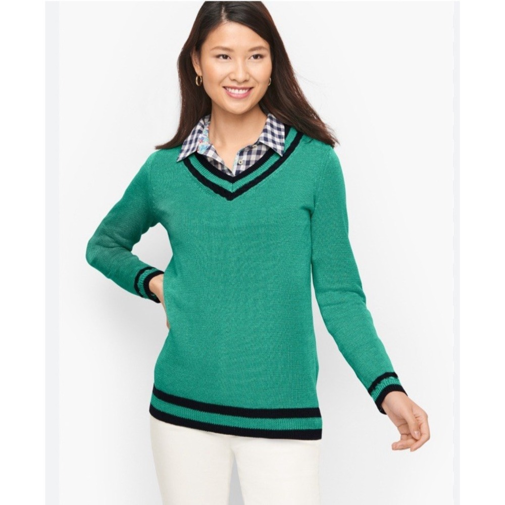 Talbots Sweater Womens‎ M Green Black V Neck 100%  Linen Knit Pullover Coastal